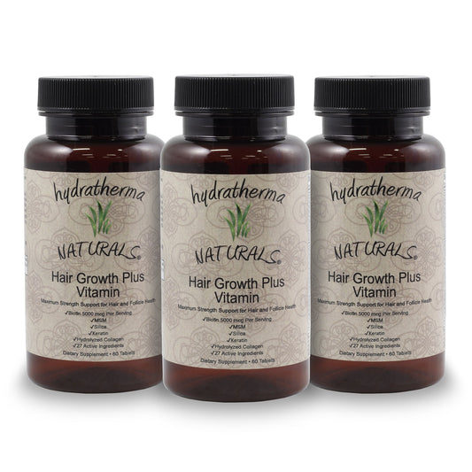Close-up of Hydratherma Naturals Hair Growth Plus capsules for daily use.