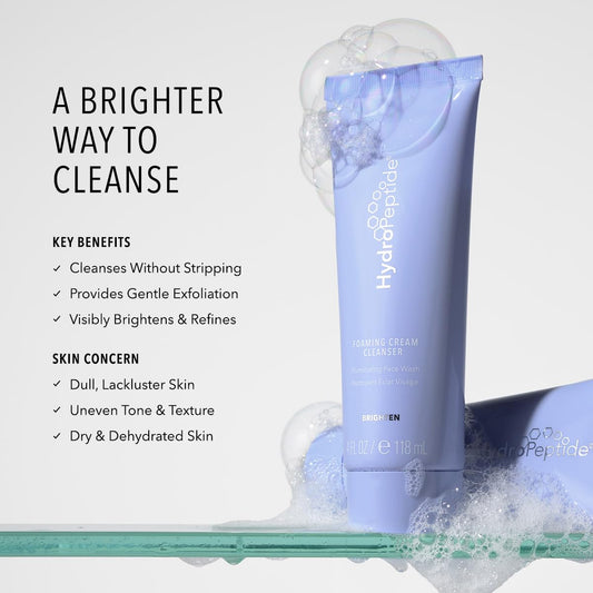 HydroPeptide Foaming Cream Cleanser foam showing airy lather for balanced skin.