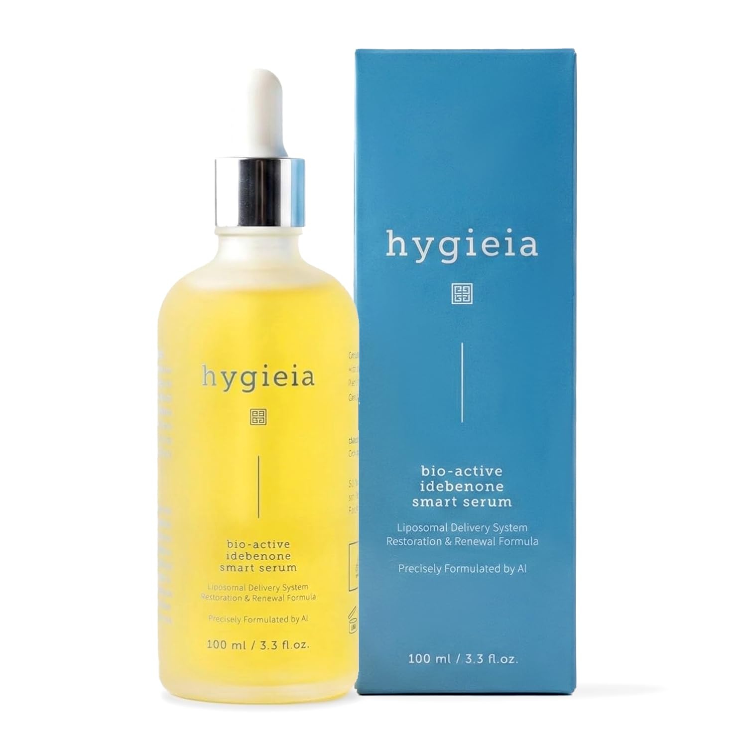 Hygieia Bio-Active Idebenone Serum bottle showcases potent antioxidant protection and premium care.