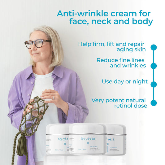 Hygieia + Encapsulated 2% Retinol Cream jar showing creamy texture and value.