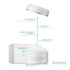 Hygieia + Retinol cream being applied to skin for smooth absorption.