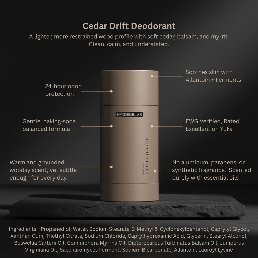HygieneLab Cedar Drift packaging close-up highlighting clean, non-toxic ingredients.