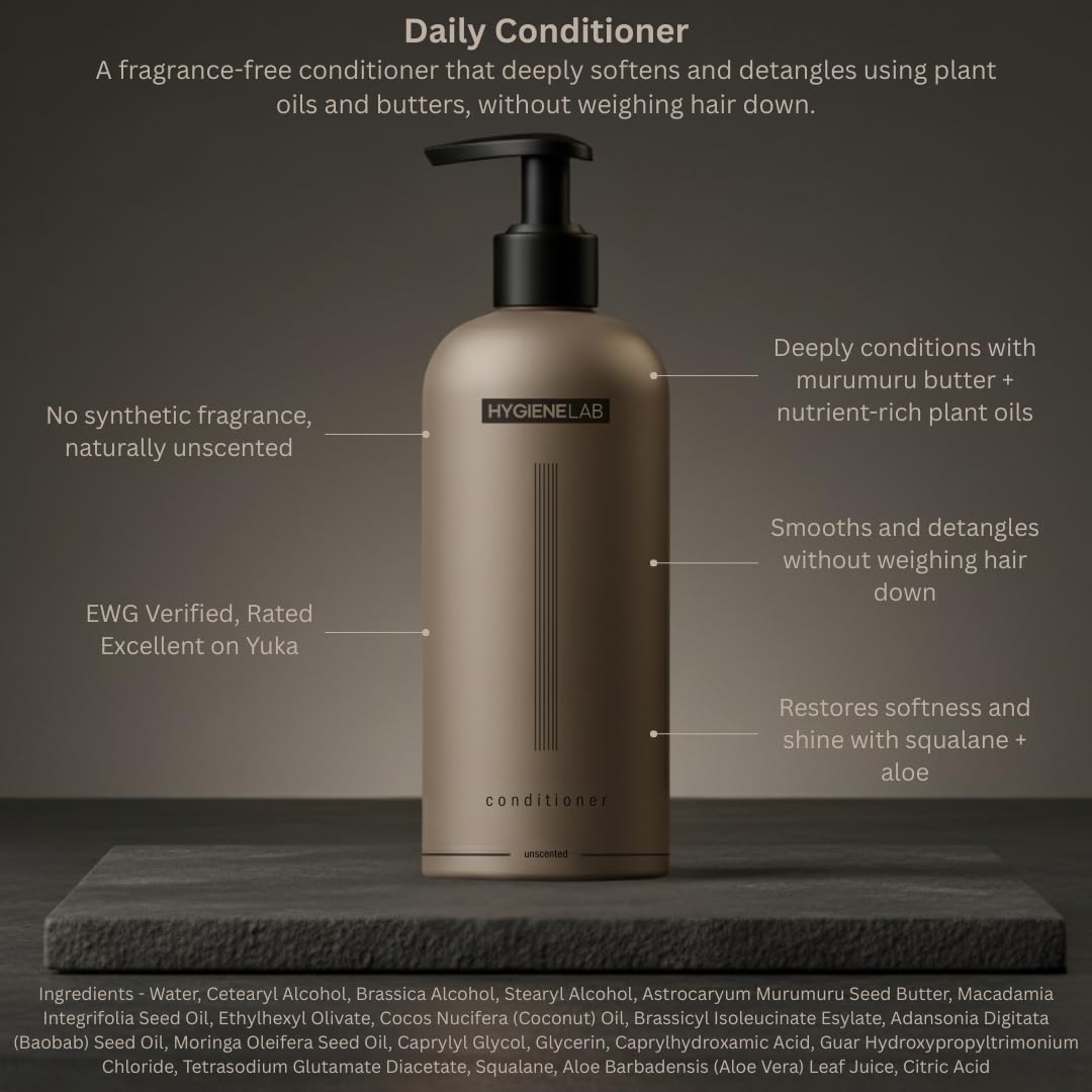 HygieneLab Men applying conditioner to damp hair for softness.
