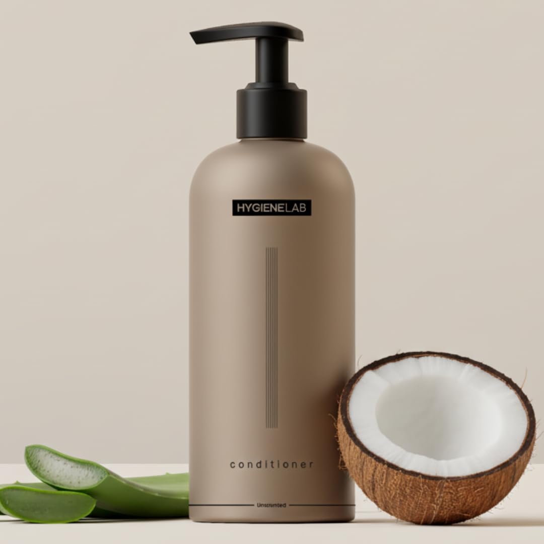 HygieneLab Men Unscented Conditioner bottle hydrates hair.