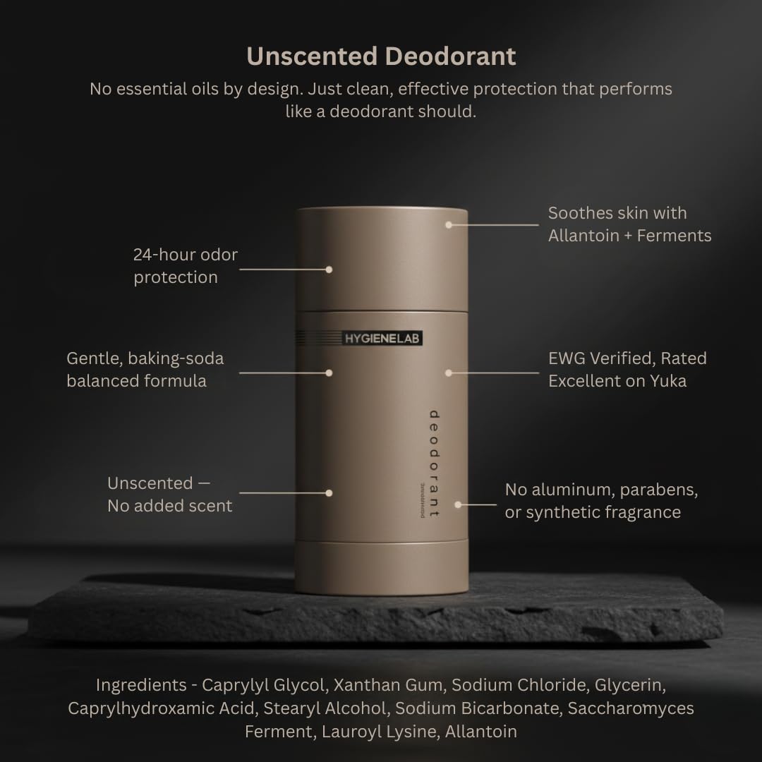 HygieneLab deodorant label emphasizes fragrance-free formula for sensitive users.
