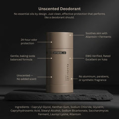 HygieneLab deodorant label emphasizes fragrance-free formula for sensitive users.