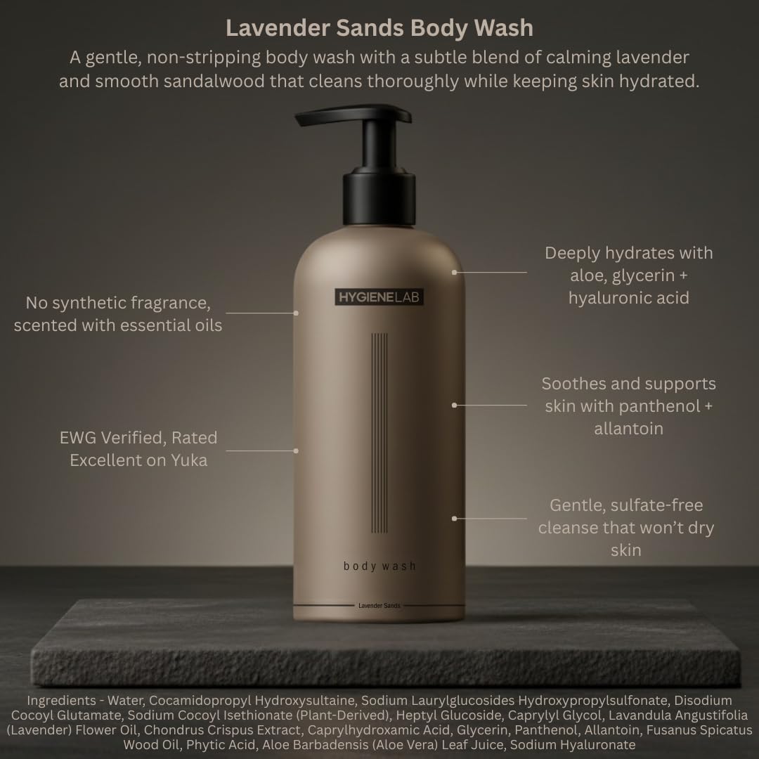 HygieneLab Men's Body Wash hyaluronic acid bottle-caption emphasizes long-lasting hydration and softness.