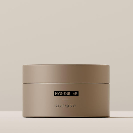 HygieneLab Men's Hair Gel bottle with strong hold for a natural matte look.