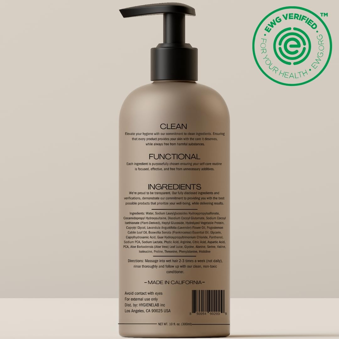 HygieneLab Mens Shampoo ingredients panel notes panthenol and plant cleansers.