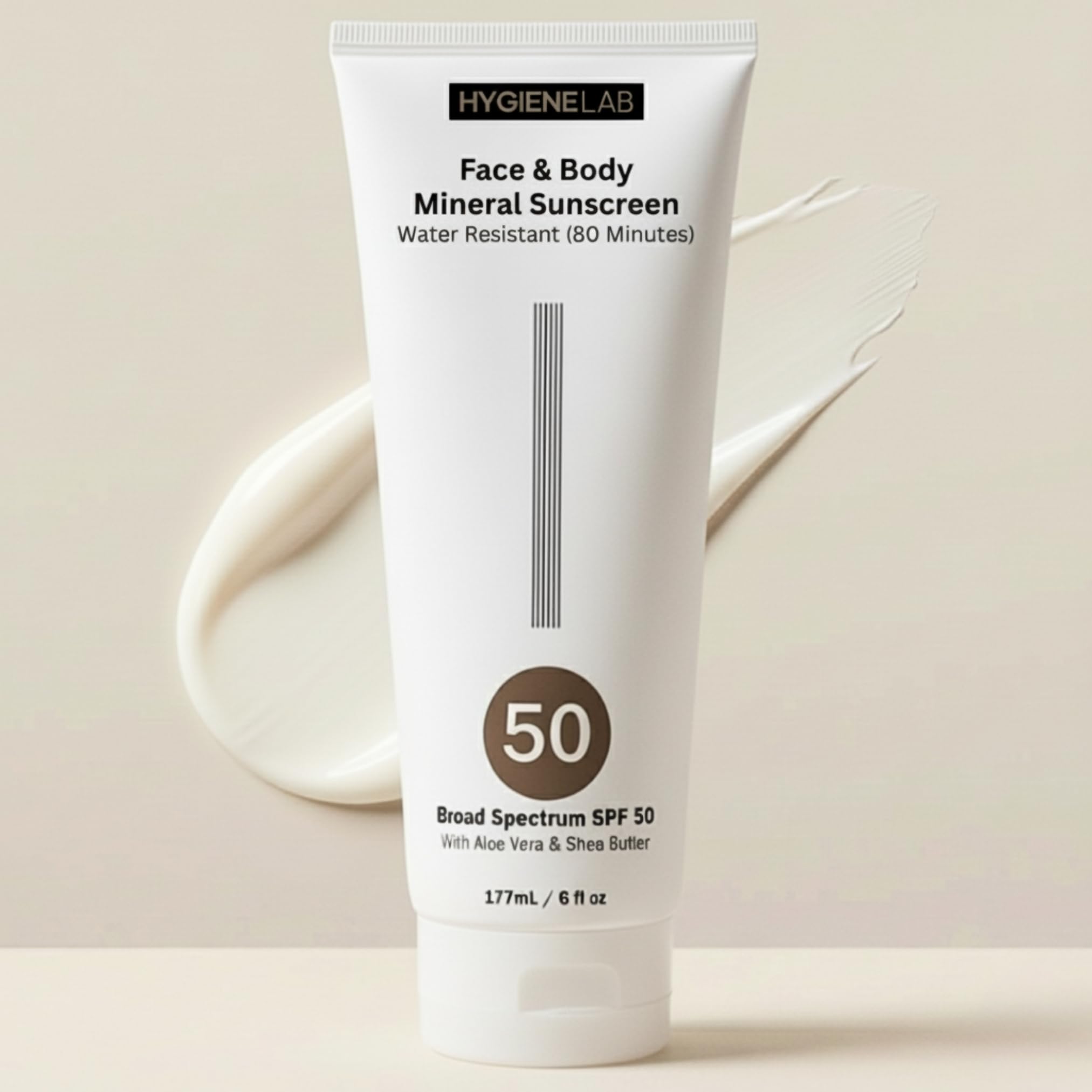 HygieneLab Mineral Sunscreen SPF 50 bottle offers broad protection.