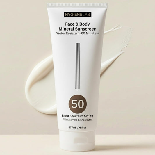 HygieneLab Mineral Sunscreen SPF 50 bottle offers broad protection.