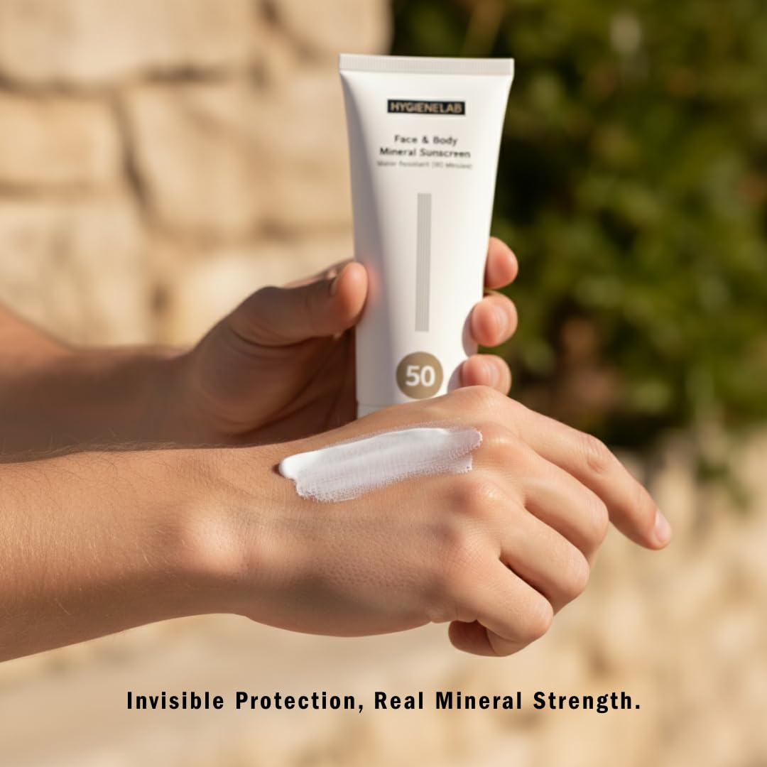 HygieneLab SPF 50 sunscreen in reef-safe packaging supports safe sun care.