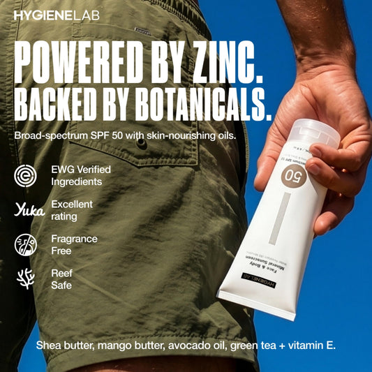 HygieneLab sunscreen spread on skin shows a sheer finish.