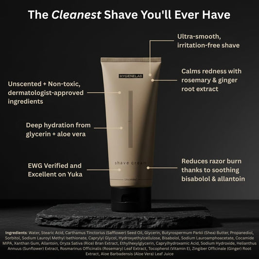 HygieneLab shaving cream with aloe vera highlighting a hydrating base for sensitive skin.