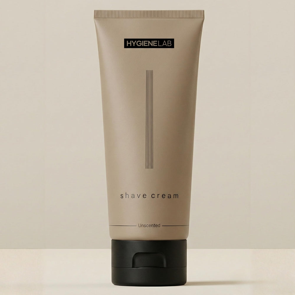 HygieneLab shaving cream unscented jar for fragrance-free, gentle shave.