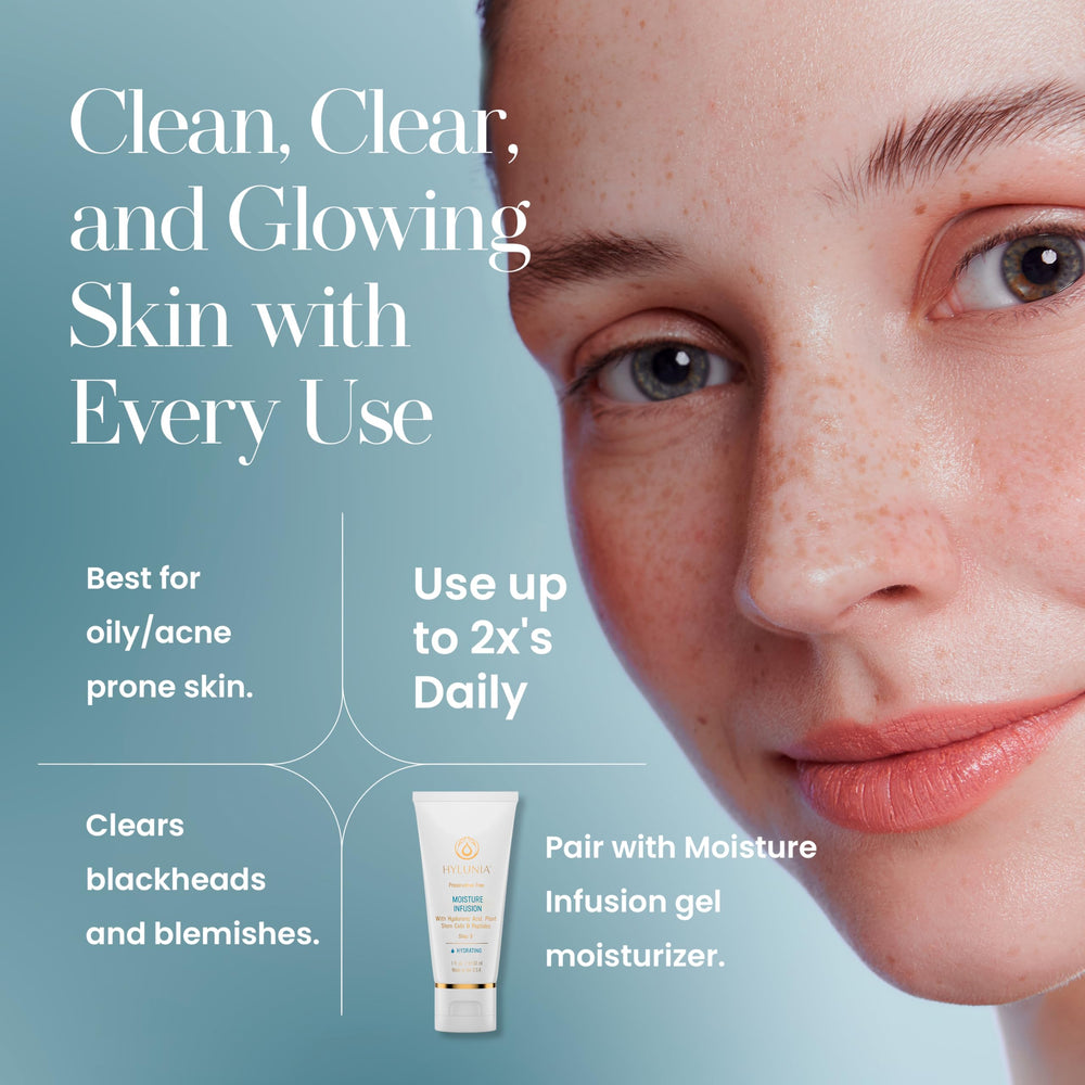 Hylunia Cleanser application massage image conveys gentle cleansing motion.
