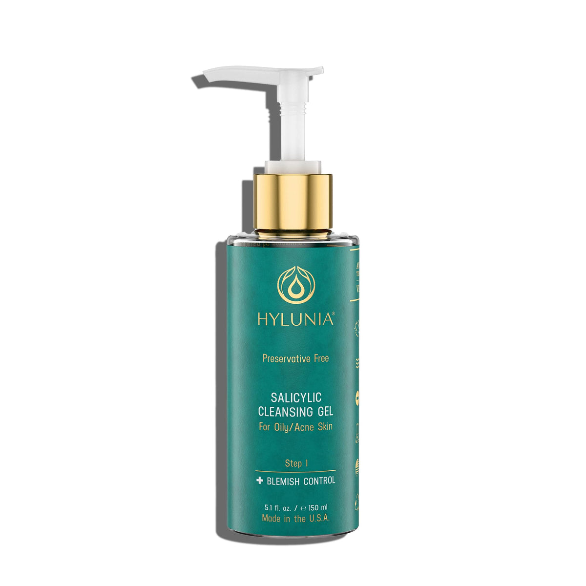 Hylunia Salicylic Facial Cleansing Gel bottle demonstrating deep pore cleansing for clearer skin.