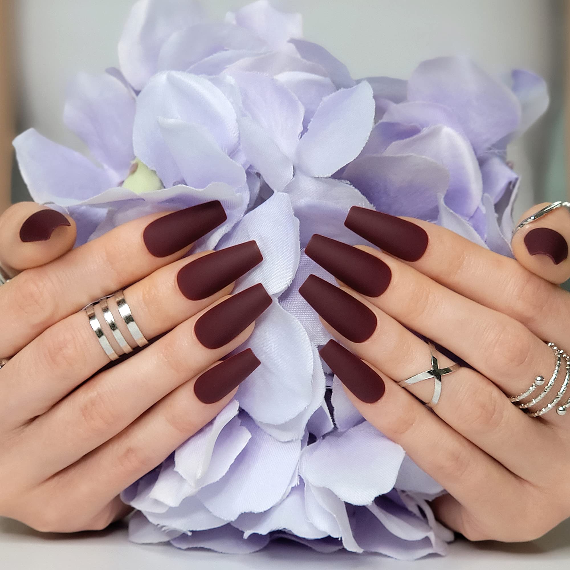 Hypnaughty maroon xtreme matte coffin nails available in 12 sizes for perfect fit.