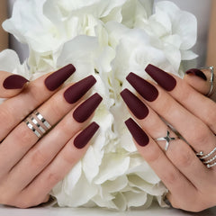 Hypnaughty maroon xtreme matte coffin nails full cover for natural-looking nails.