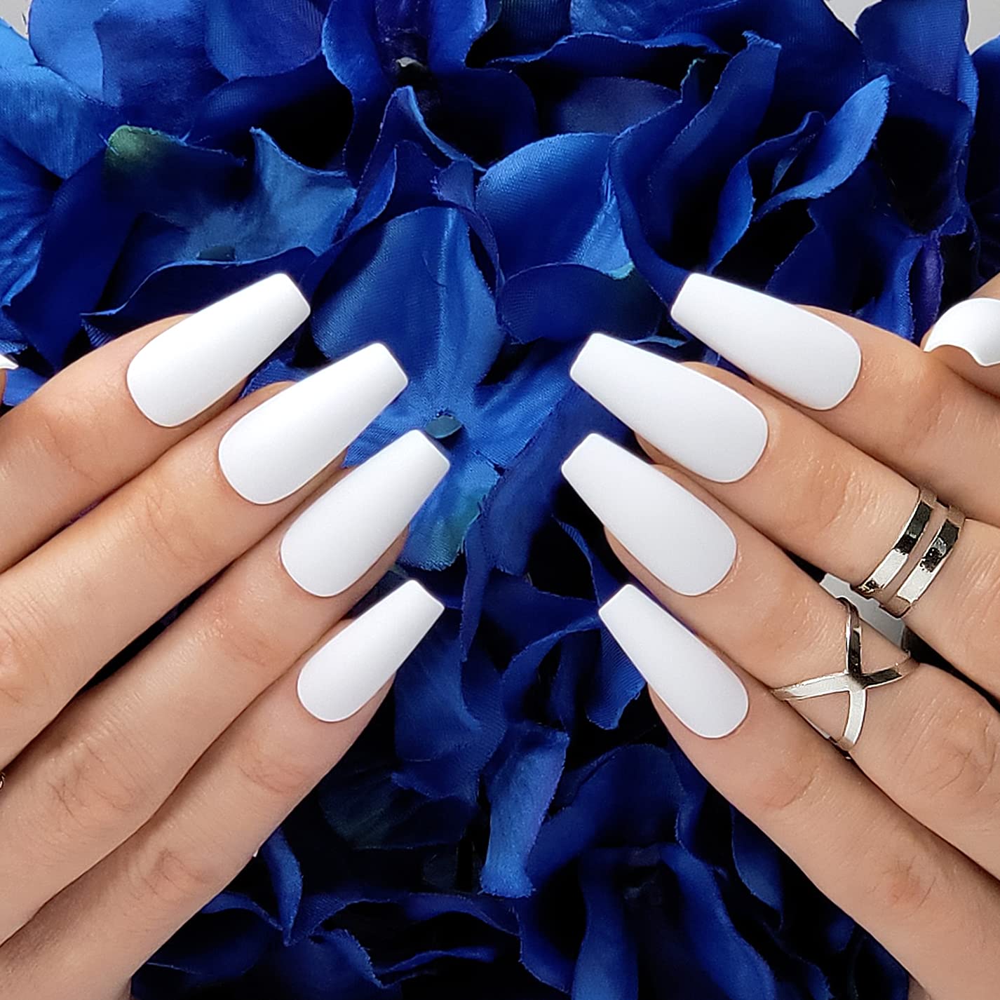 Hypnaughty Santorini white matte coffin nails set for at-home glam