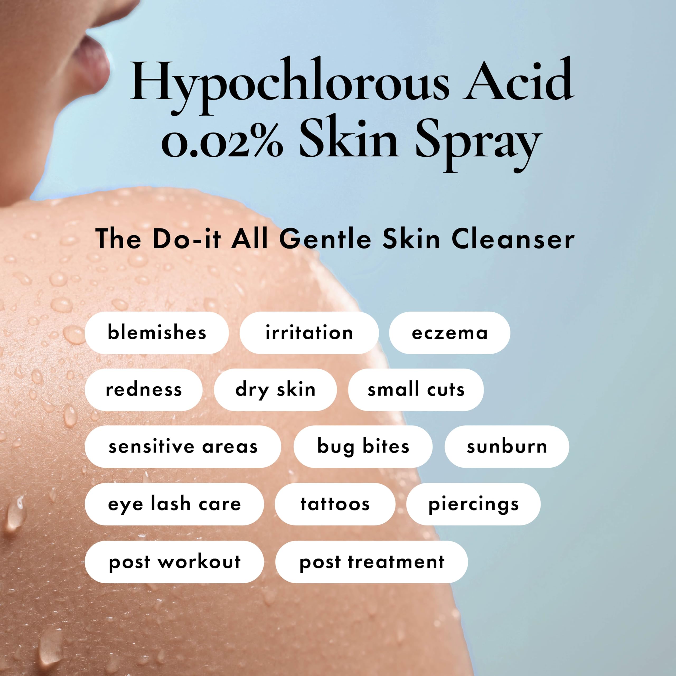 Close-up of the HypoClear spray misting the skin for calmness and balance.