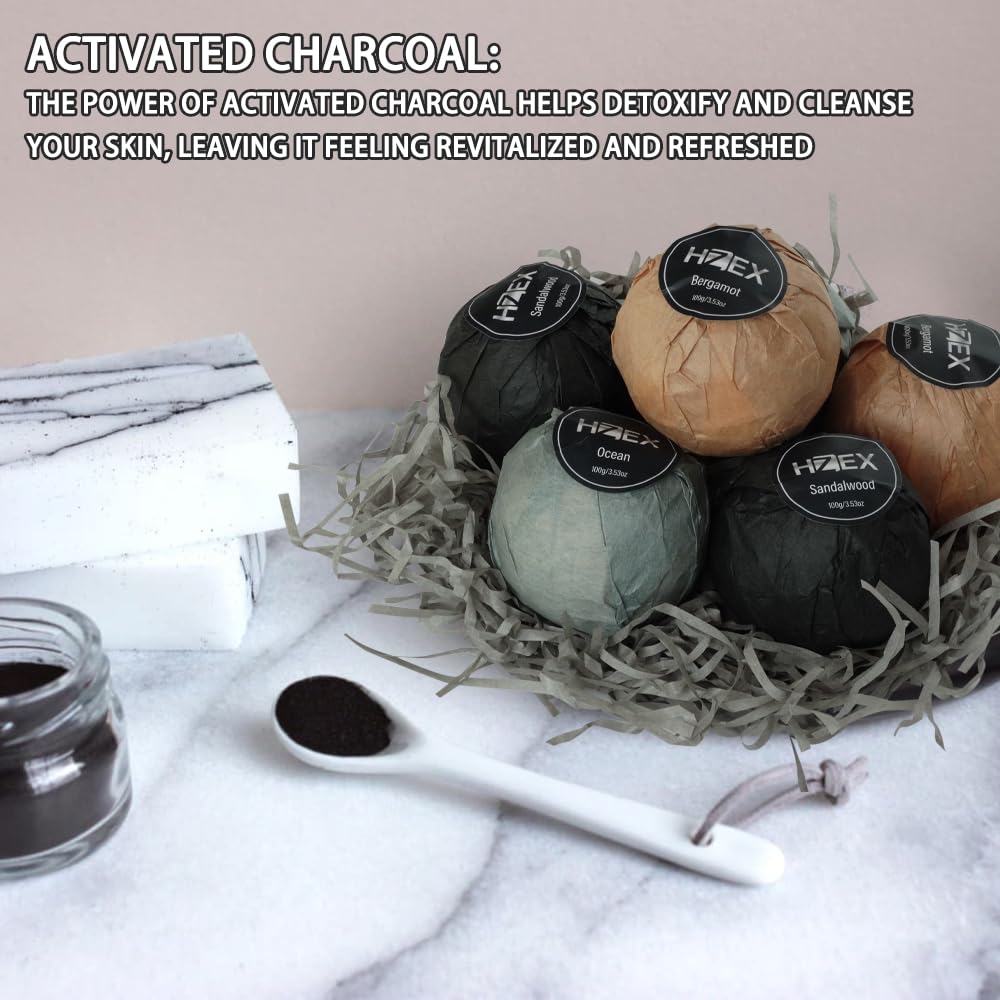 HZEX Charcoal Bath Bombs fizz in warm bath with soothing aroma.