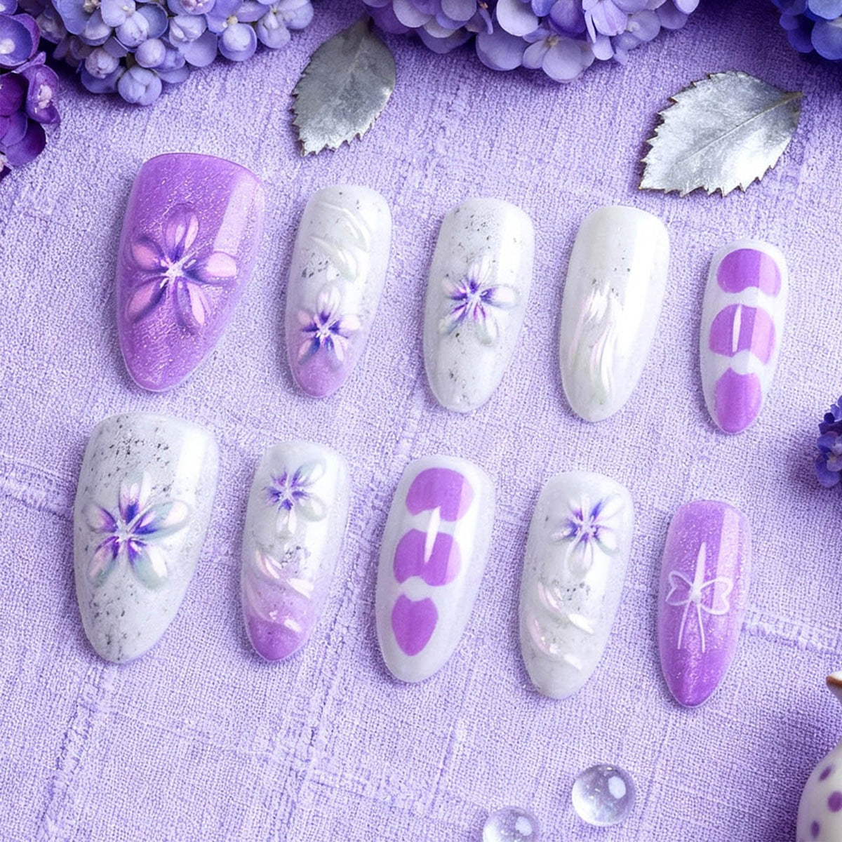 HZJXRT 3D Flower Press On Nails purple glitter almond set, long-lasting glamour for special occasions.