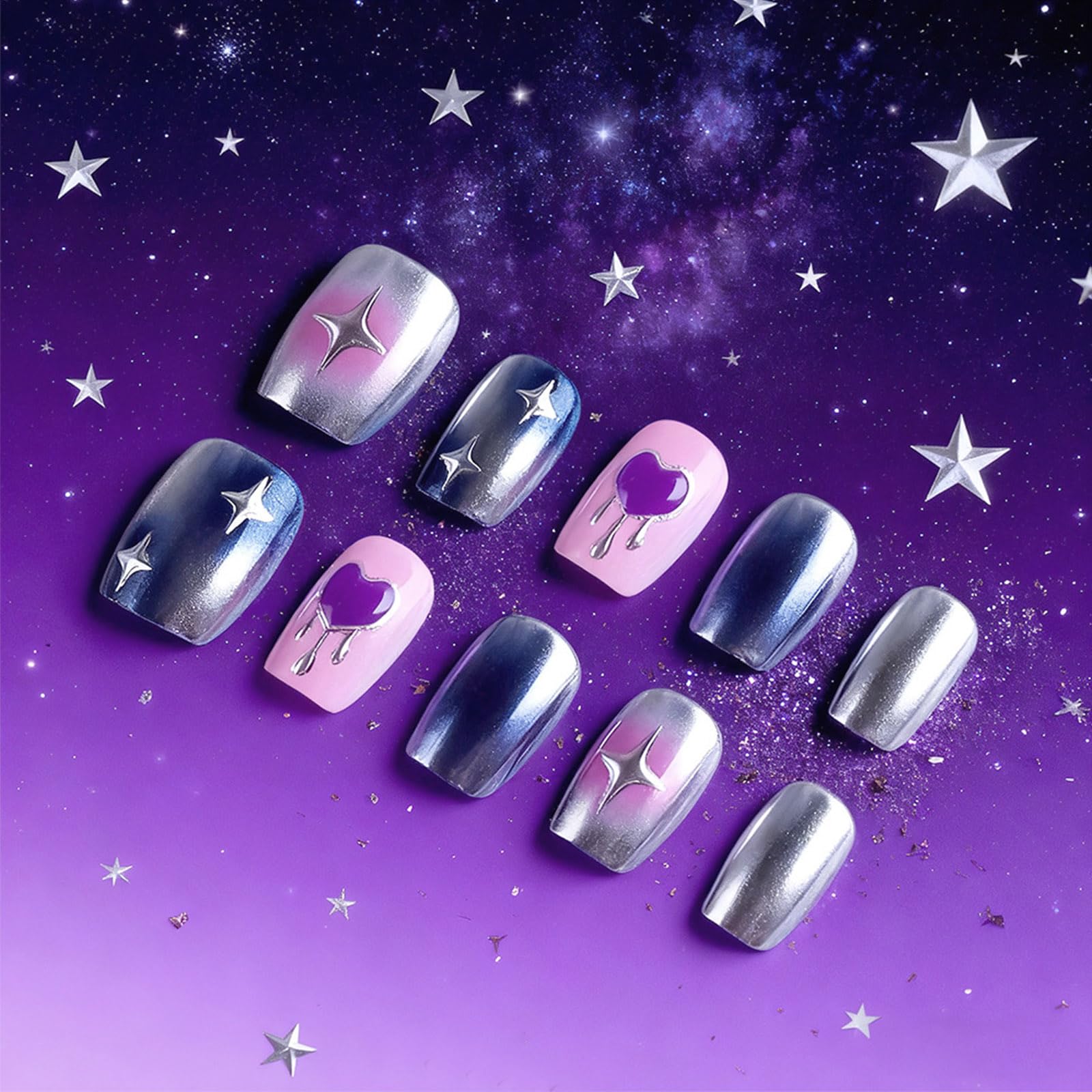 HZJXRT blue aurora powder nails with glossy finish for winter looks