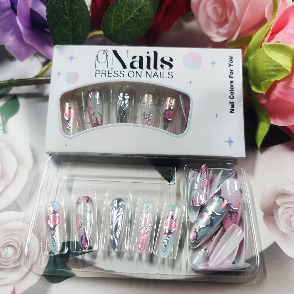 HZJXRT glossy pink aurora nails highlight shimmer on fingertips.