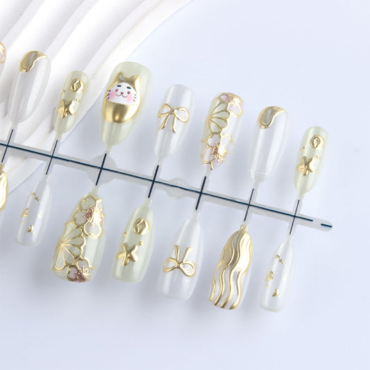 HZJXRT Money Cat Nails showcase 3D gold curve lines for luxe flair.