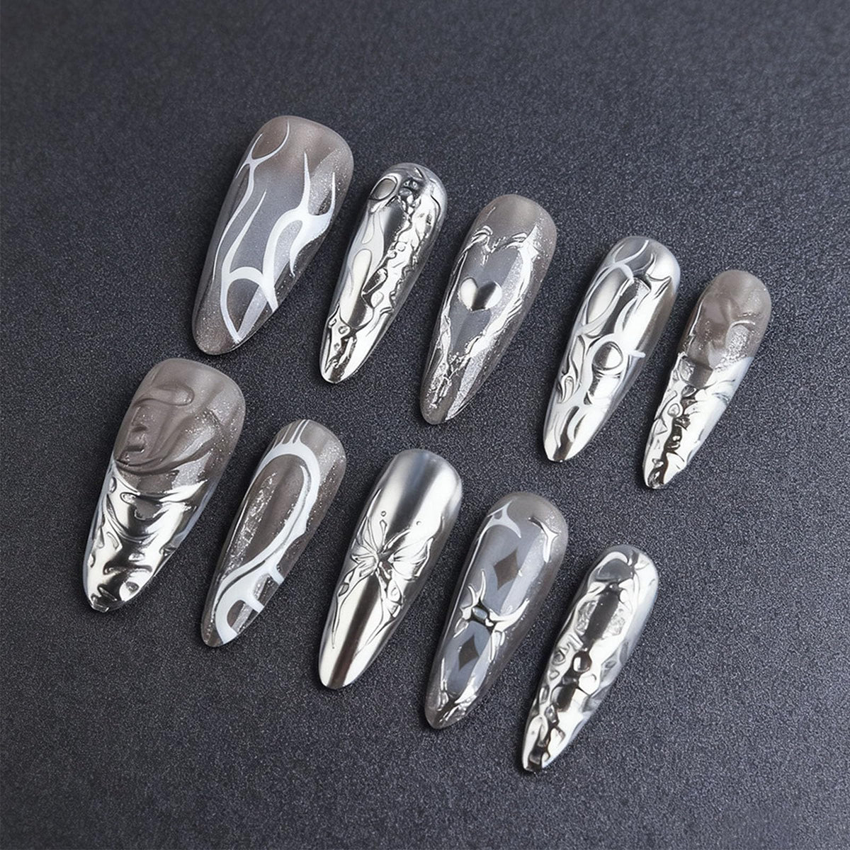 HZJXRT 3D love heart nails with butterfly accents for date-night style.