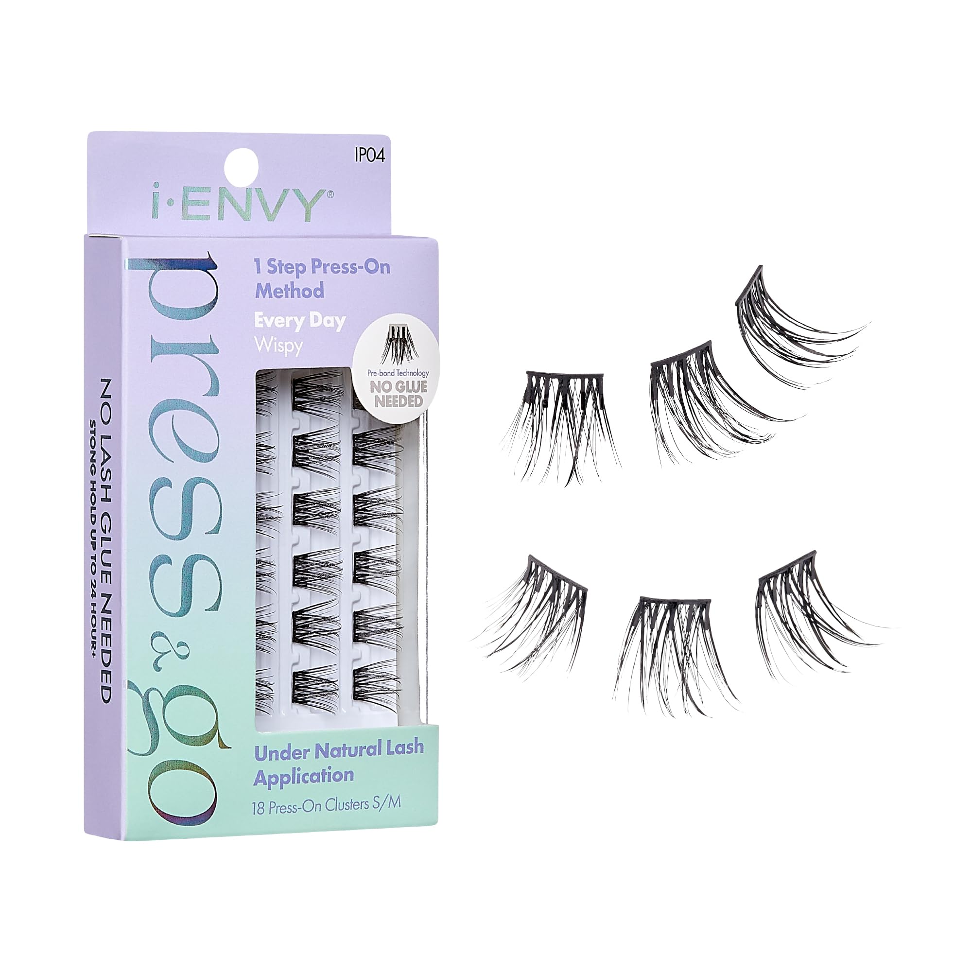 i-ENVY Press&Go lashes packaging highlights quick, glue-free wear for busy mornings.