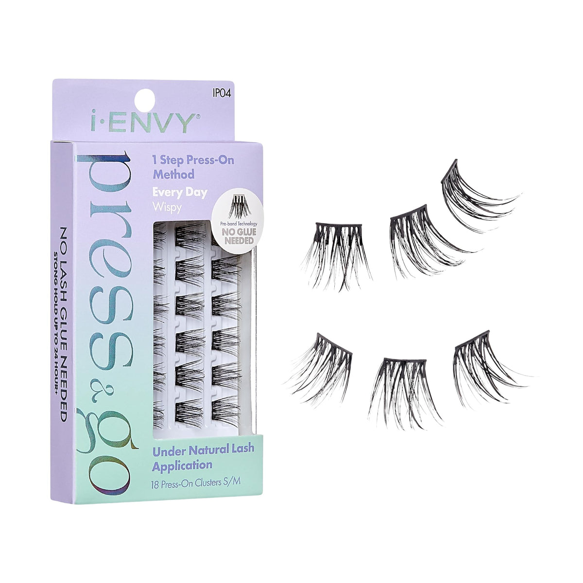 i-ENVY Press&Go lashes packaging highlights quick, glue-free wear for busy mornings.