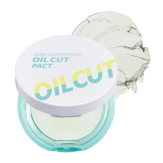 I'M MEME Oil Cut Pact compact demonstrating oil absorption for a soft matte finish.