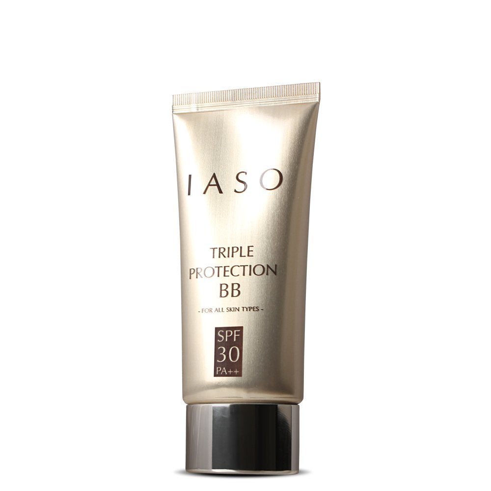 IASO Triple Protection BB Cream SPF30 bottle, velvety finish evens skin tone and protects from daily environmental stress.