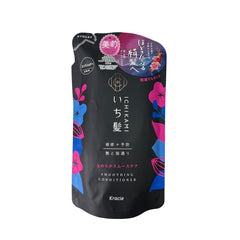 ICHIKAMI smoothing conditioner bottle highlighting cuticle smoothing and refill value.