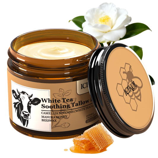 ICIKOL Beef Tallow Honey Balm jar close-up showing nourishment and softness