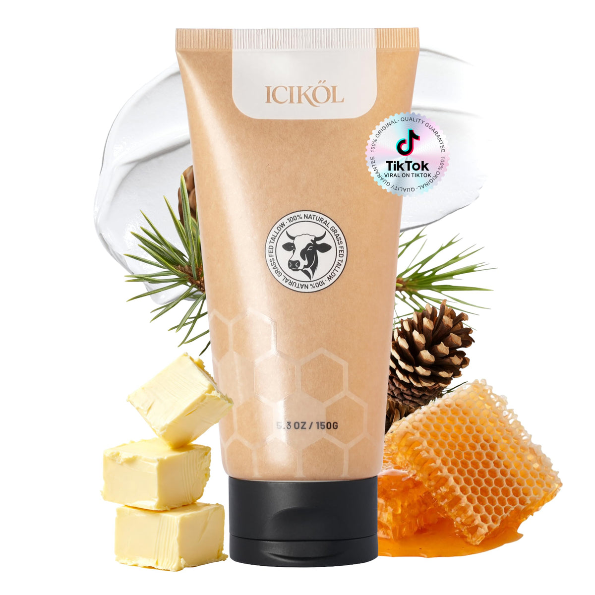 ICIKOL Beef Tallow Honey Balm jar with whipped texture for face and body care.