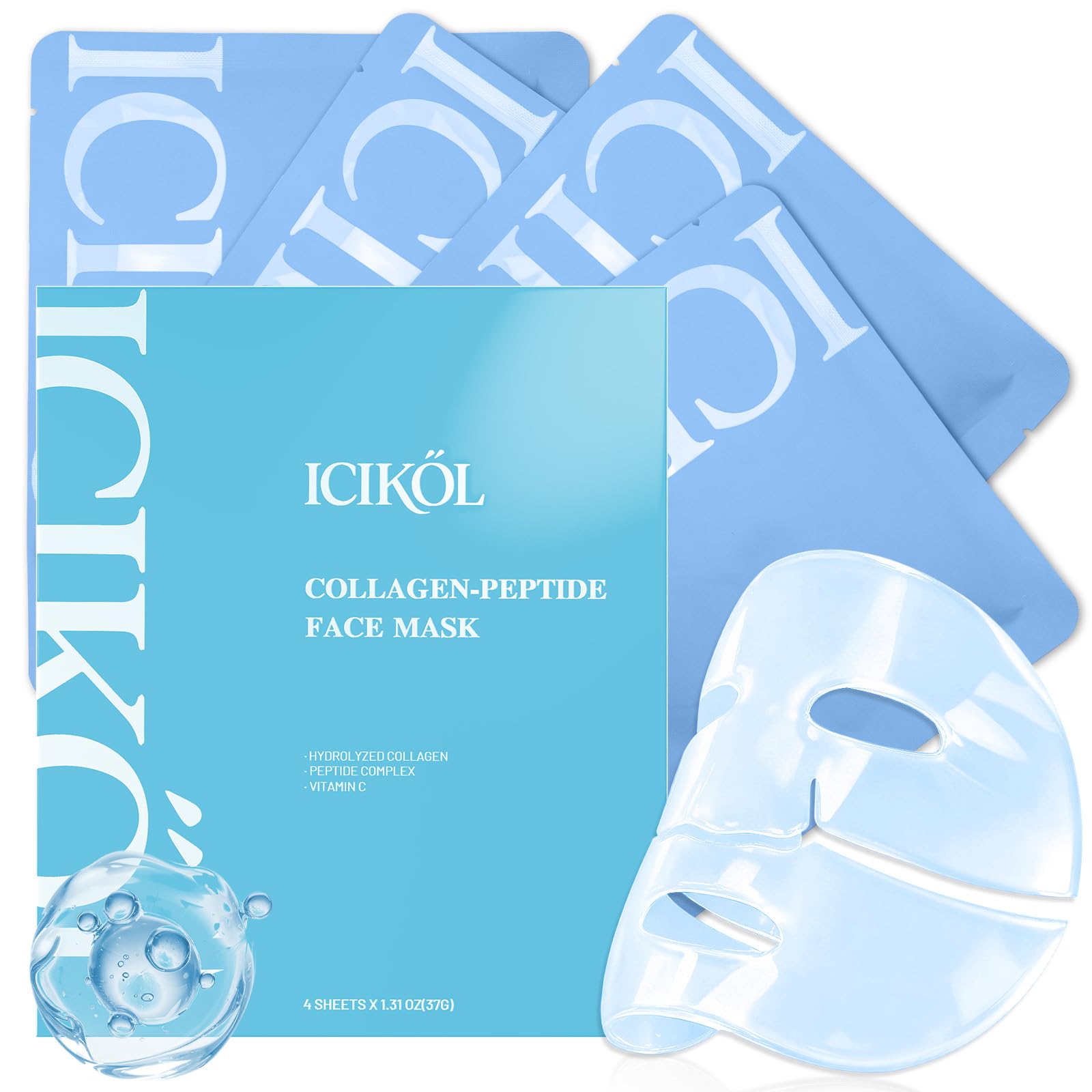 ICIKOL Deep Hydrolyzed Collagen Mask 4-pack packaging, premium sheet masks for daily skin nourishment.