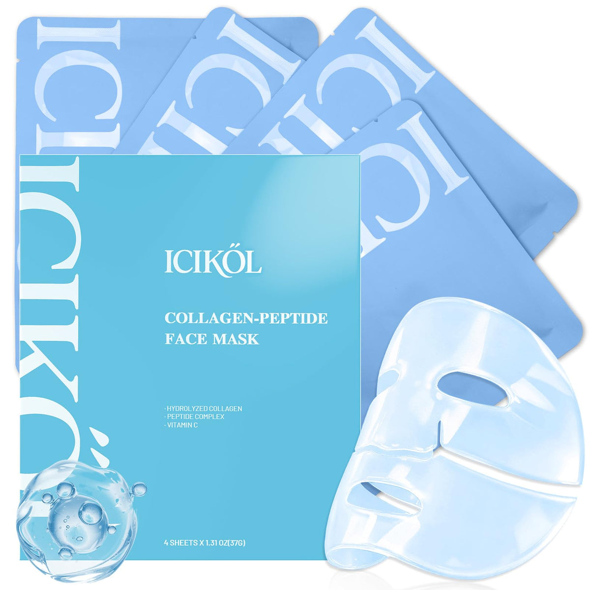 ICIKOL Deep Hydrolyzed Collagen Mask 4-pack packaging, premium sheet masks for daily skin nourishment.
