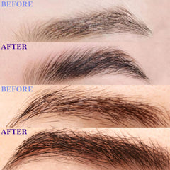 Before-after brow comparison featuring ICIKOL growth serum results.