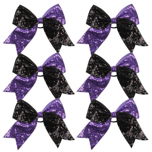 ICObuty mermaid metallic cheer bow 8 inch in black and purple, adds sparkle to routines