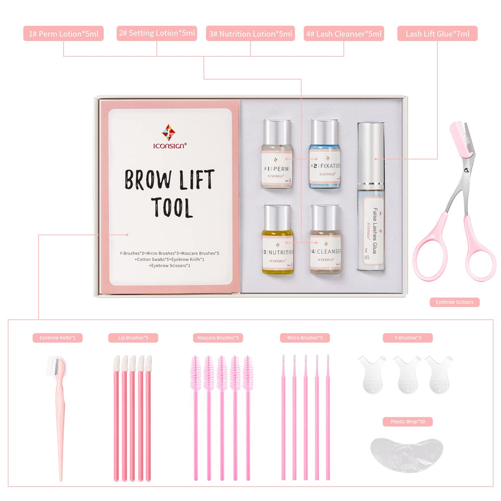 ICONSIGN Brow Lamination Kit contents laid out with tools and lotions for precise shaping.