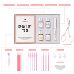 ICONSIGN Brow Lamination Kit contents laid out with tools and lotions for precise shaping.