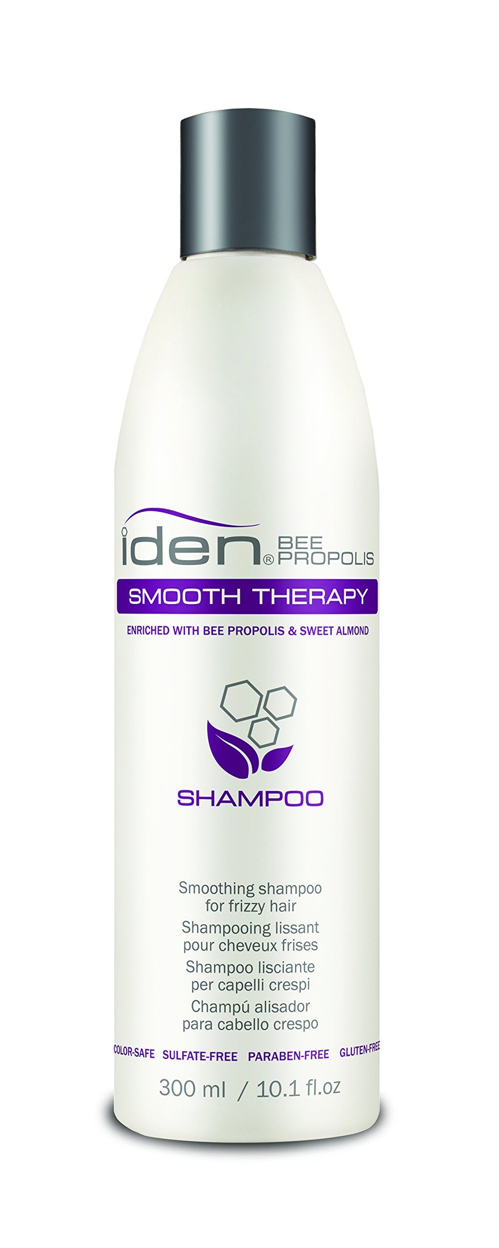 IDEN Bee Propolis Smooth Therapy Shampoo bottle showing frizz-control formula for silky shine.