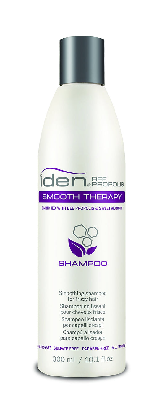 IDEN Bee Propolis Smooth Therapy Shampoo bottle showing frizz-control formula for silky shine.