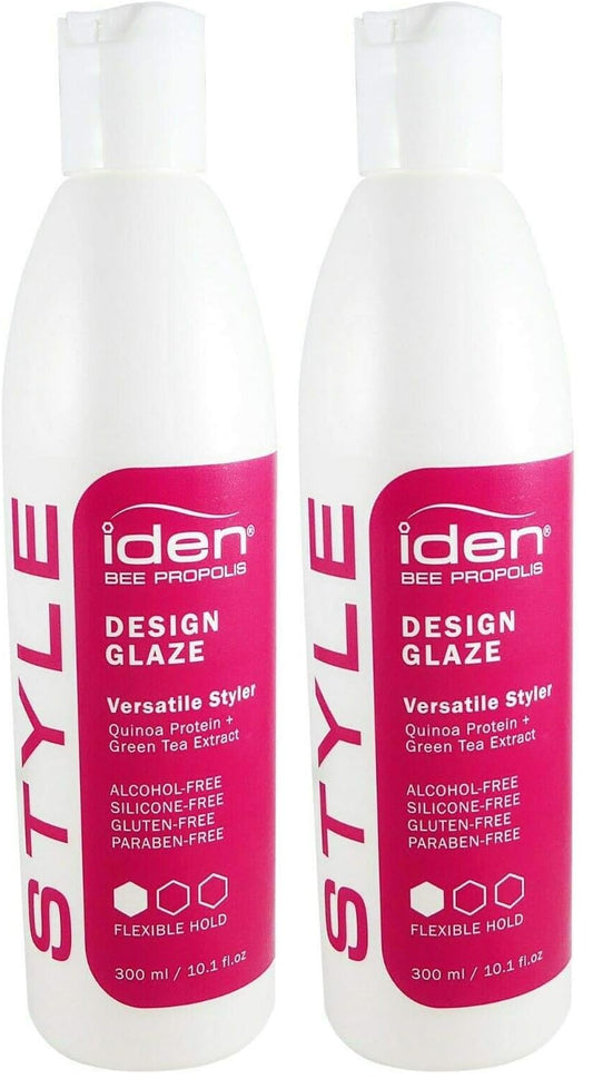IDEN Style Therapy Design Glaze bottle pour demonstrates curl definition with heat protection.