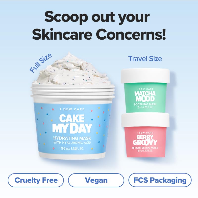 I DEW CARE Scoop Party trio of masks displayed for hydration, exfoliation, and soothing