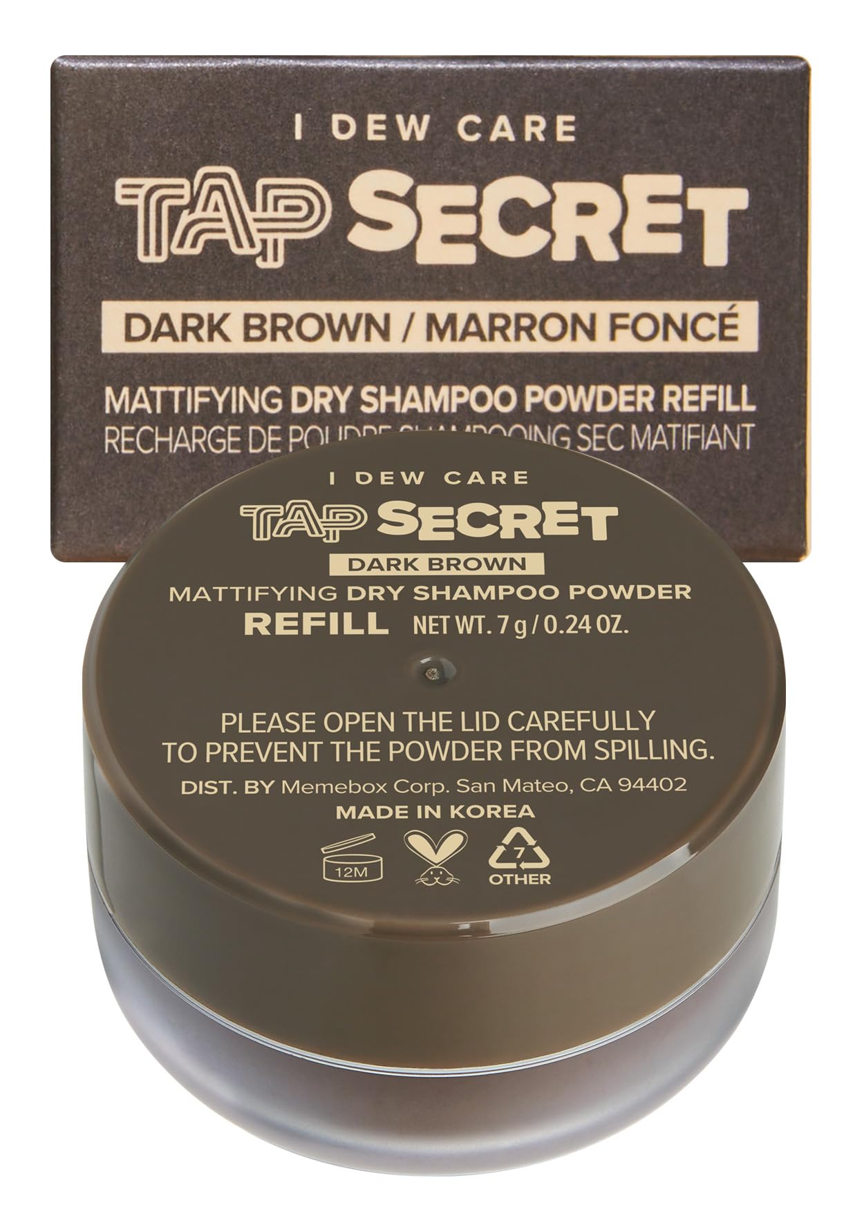 I DEW CARE Tap Secret Biotin Dry Shampoo Dark Brown tub for oil absorption on dark hair