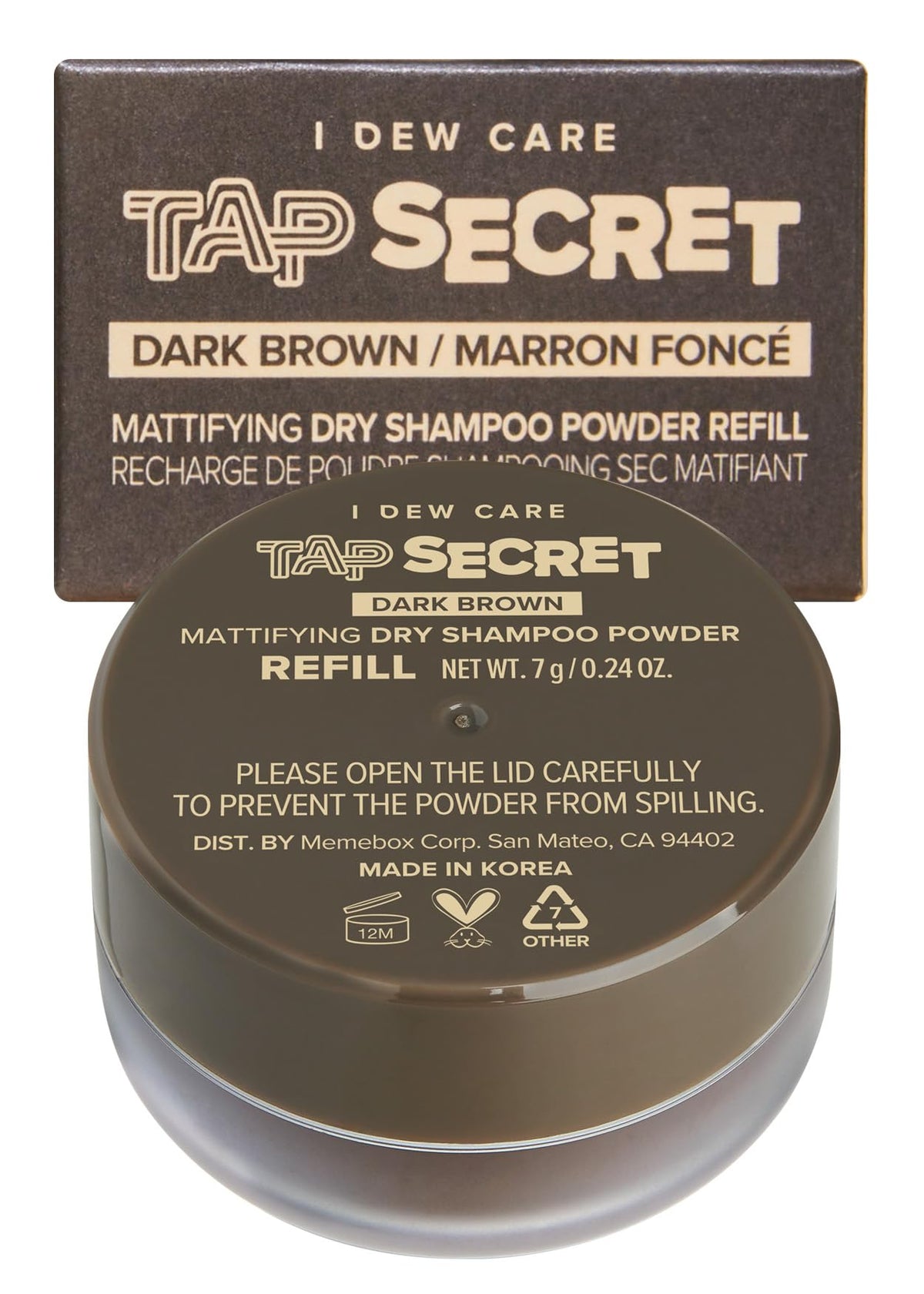 I DEW CARE Tap Secret Biotin Dry Shampoo Dark Brown tub for oil absorption on dark hair